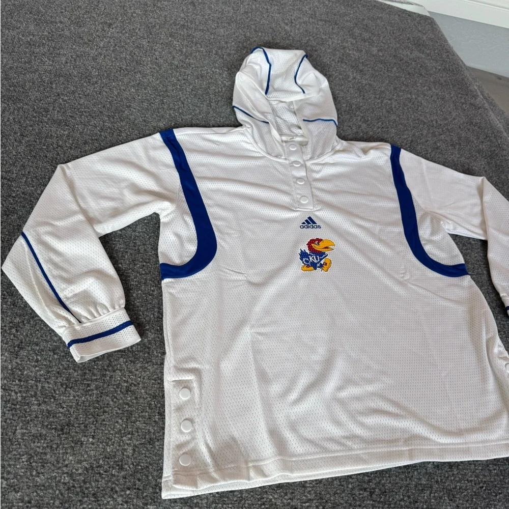 NWT Adidas Men’s Large Kansas Jayhawks White Hooded Basketball Warm Up‎ Shirt